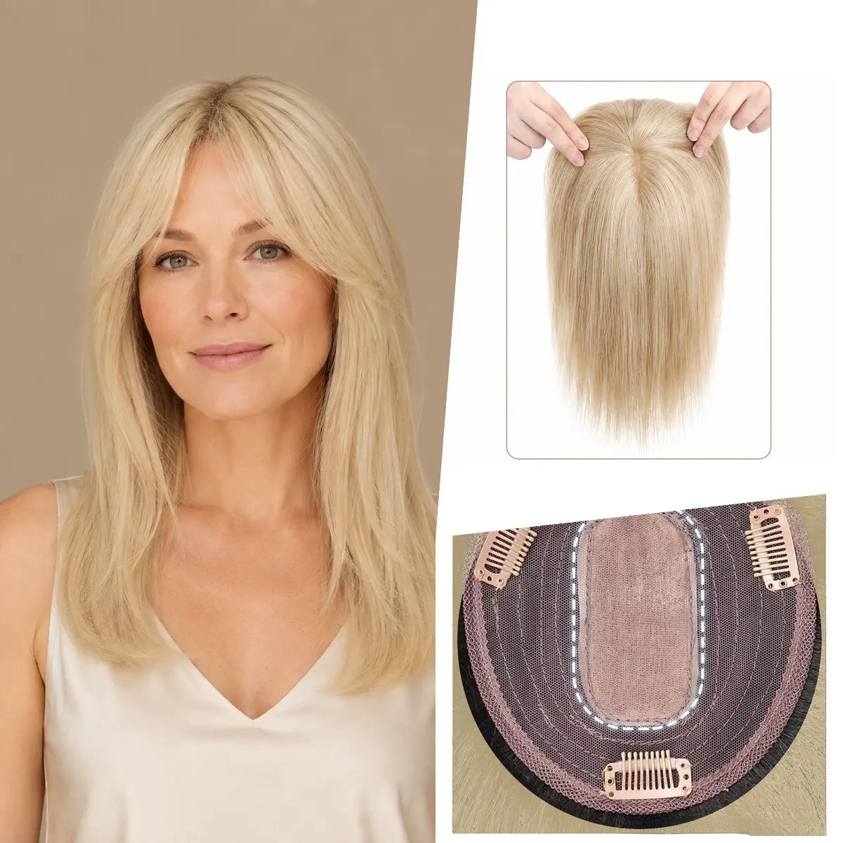 Honey & Platinum Piano silk base Remy human hair topper with bangs, colour P27-613, 12-inch representative