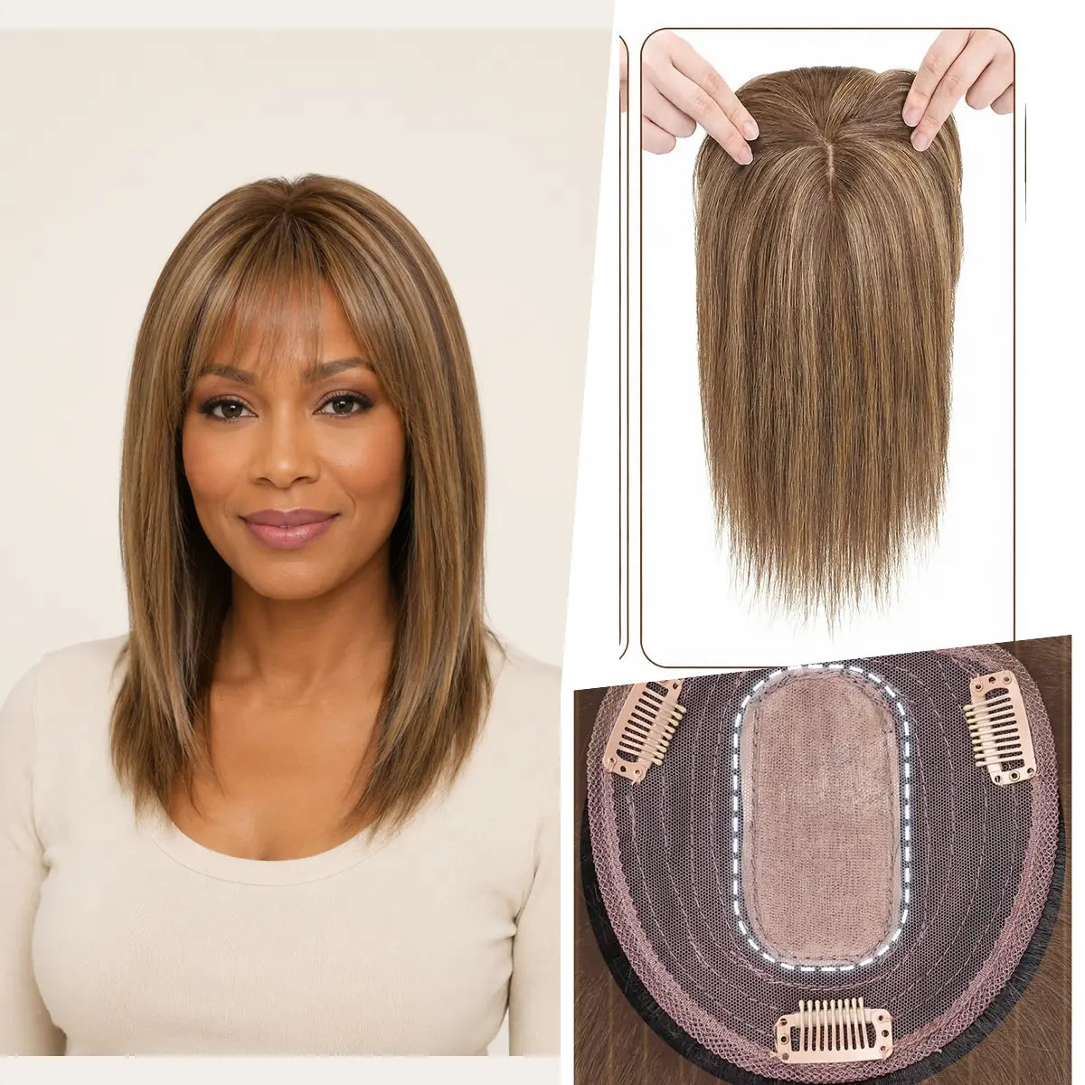 Chocolate & Honey Piano silk base Remy human hair topper with bangs, colour P4-27, 12-inch representative