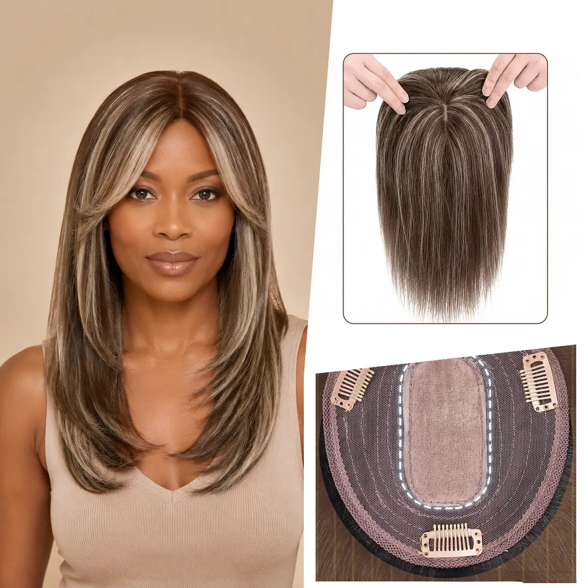 Roasted Chestnut & Platinum Silk Piano silk base Remy human hair topper with bangs, colour P4-613, 12-inch representative