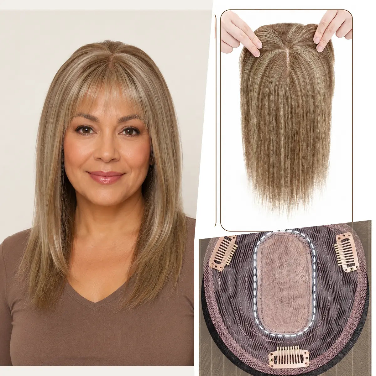 Warm Brown with Golden Blonde Highlights silk base Remy human hair topper with bangs, colour P6-613, 12-inch representative