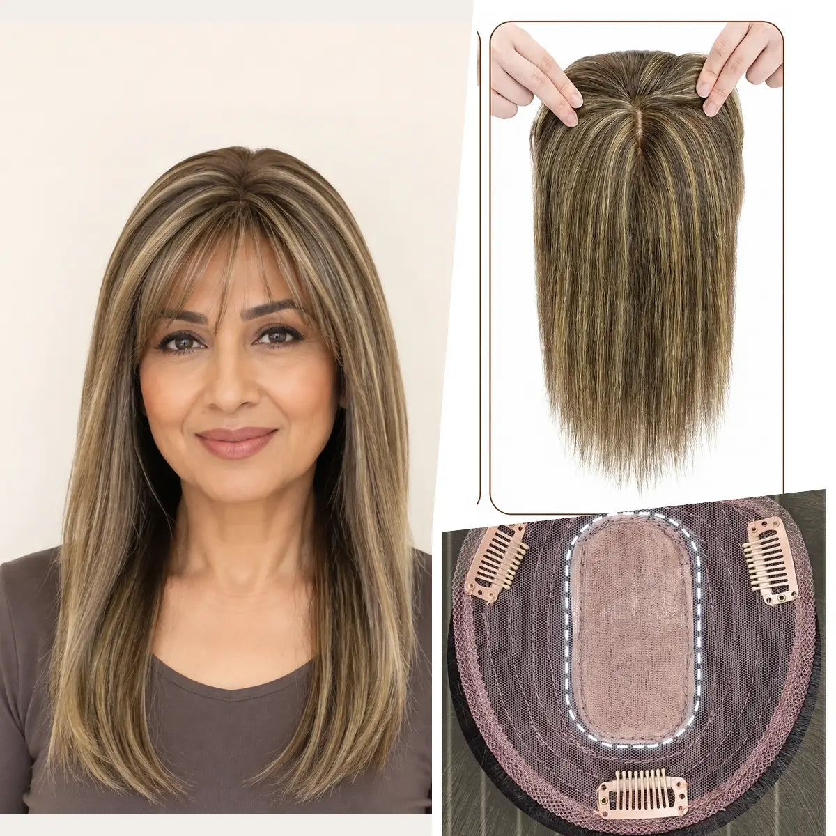 Light Brown & Platinum Blonde Piano Blend silk base Remy human hair topper with bangs, colour P8-613, 12-inch representative
