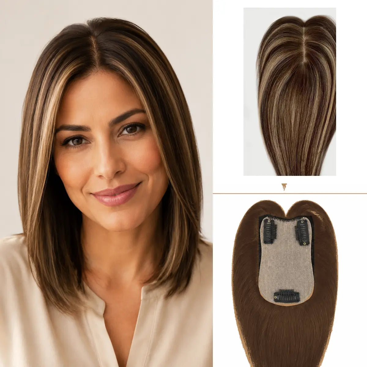 T2-2-16 highlighted brunette Remy human hair topper with 7 x 11 cm base and three clips