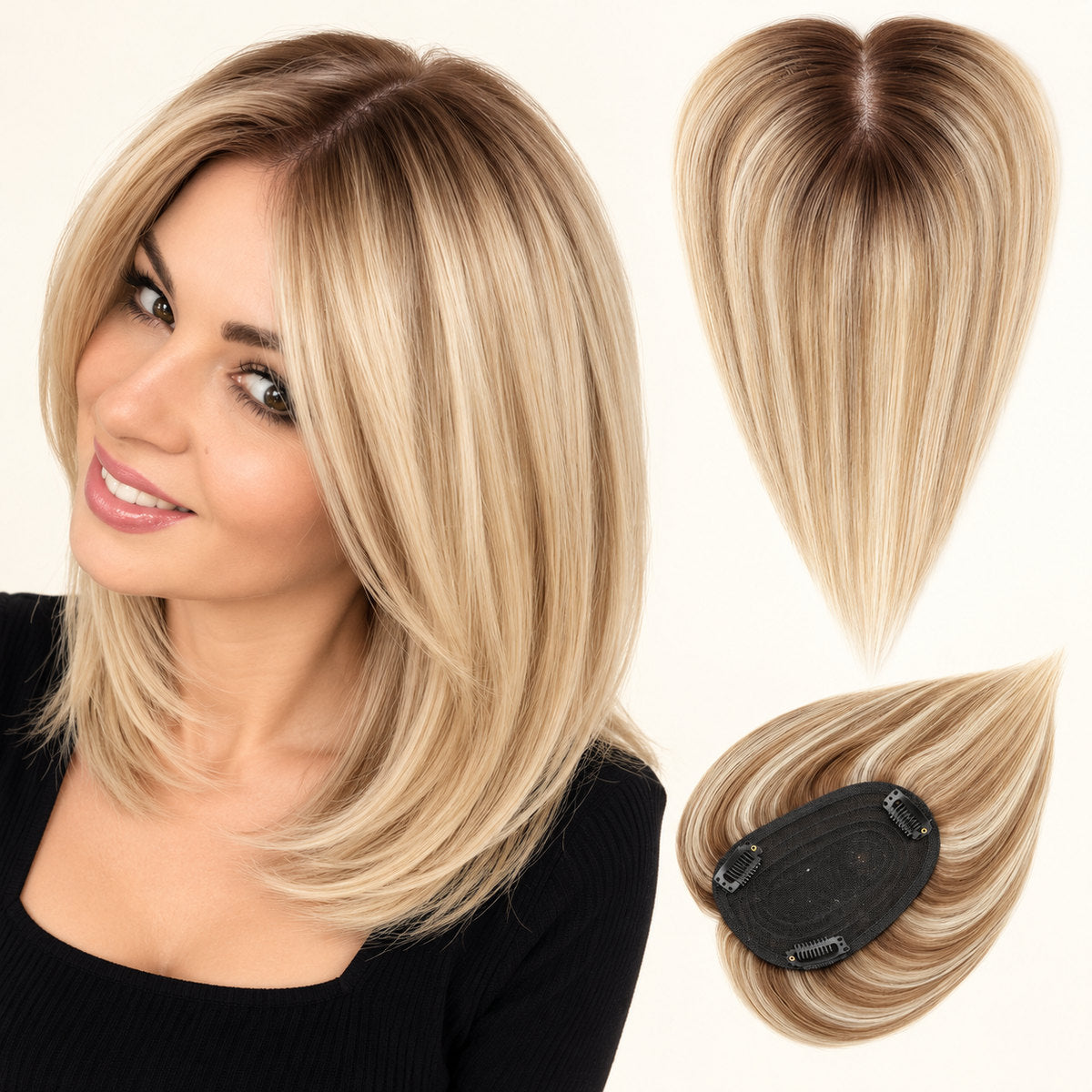 Straight clip-in hair topper shown worn, with top view and three-clip underside