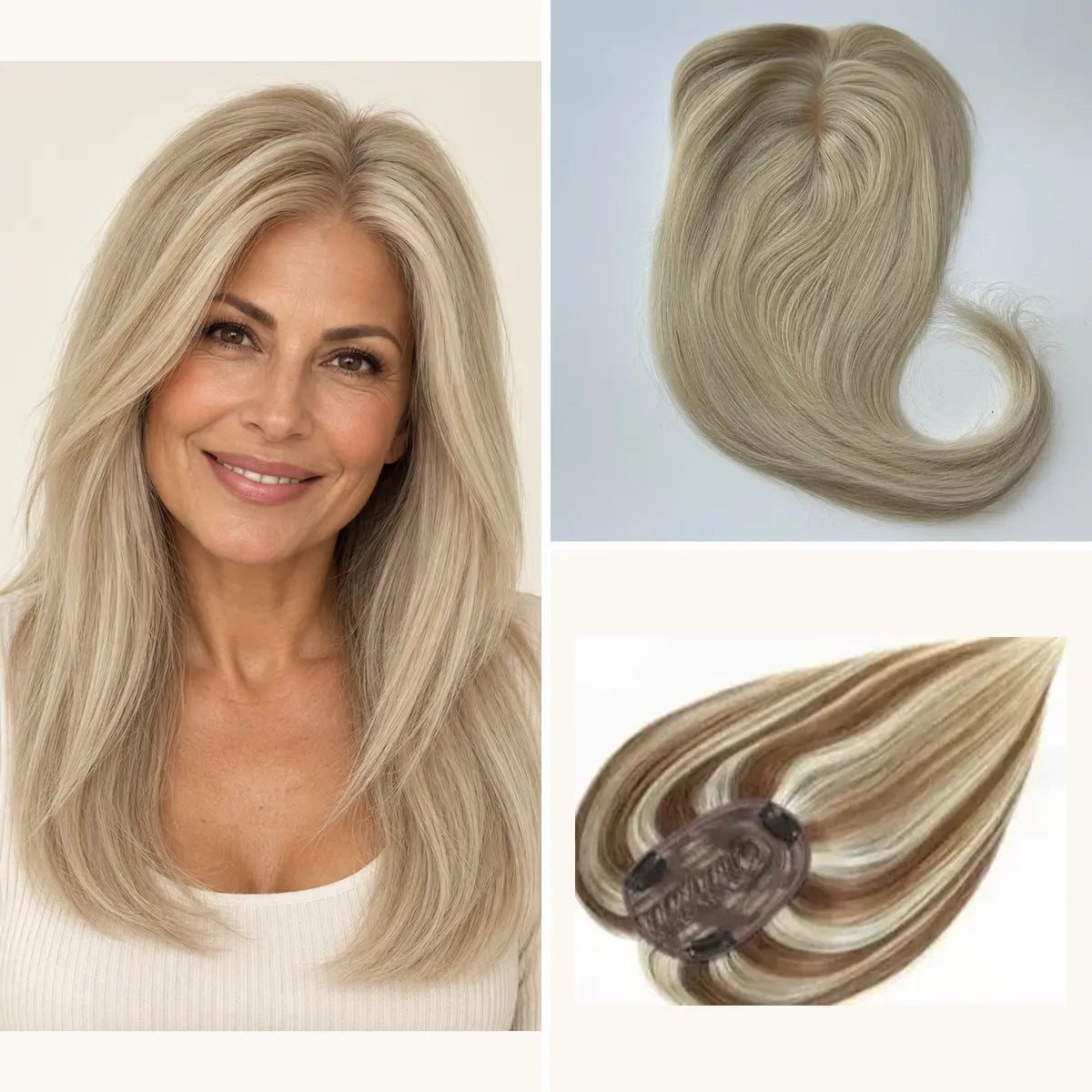 Straight human hair topper in colour code 1001, 12 x 14 cm base and 18 inch length; model view with authentic topper and three-clip underside
