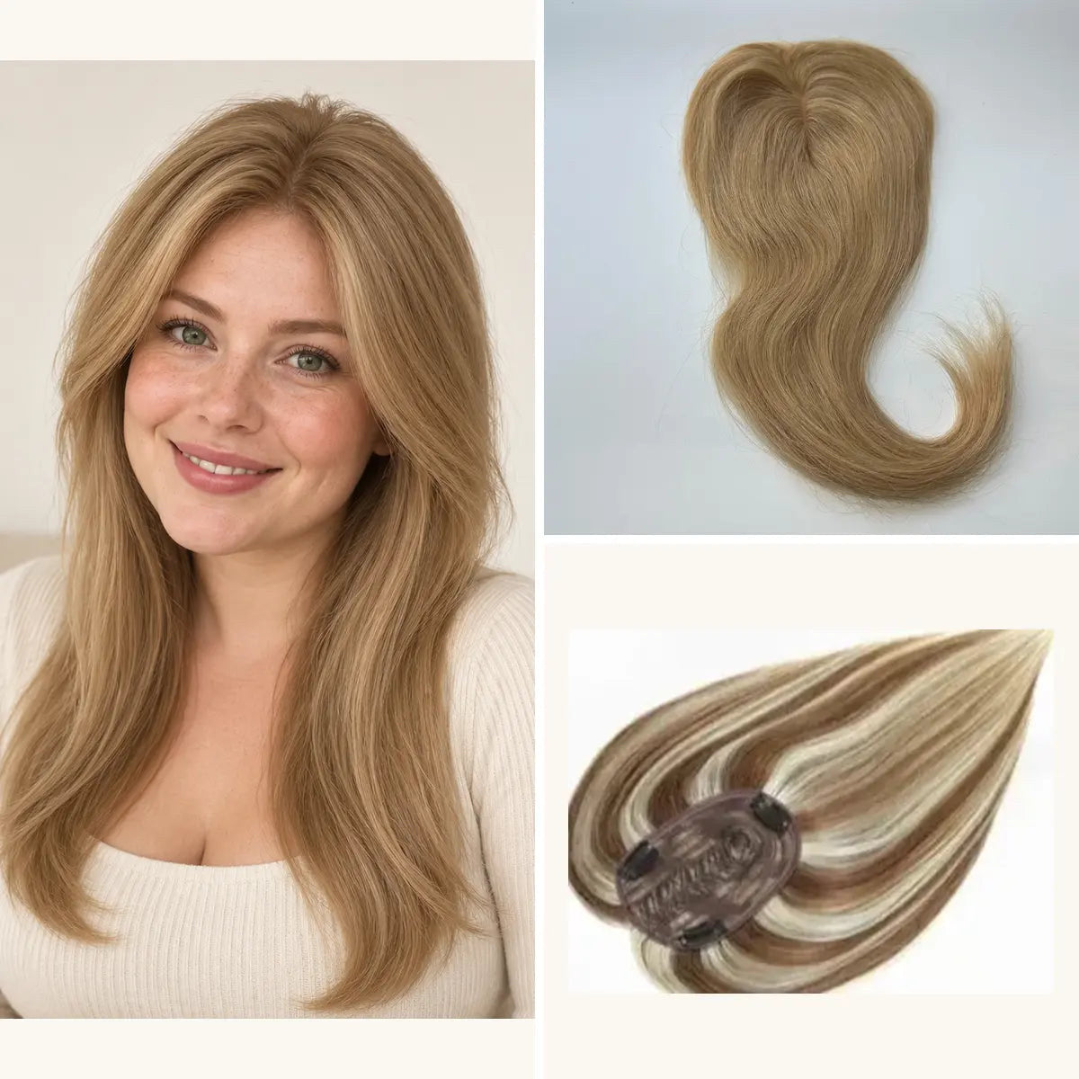 Straight human hair topper in colour code 27, 12 x 14 cm base and 18 inch length; model view with authentic topper and three-clip underside