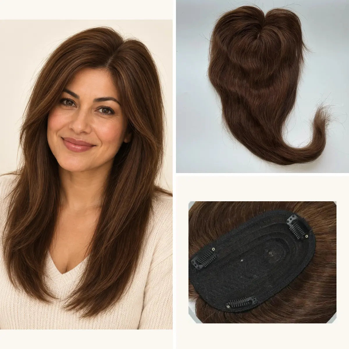 Straight human hair topper in colour code 4, 12 x 14 cm base and 18 inch length; model view with authentic topper and three-clip underside