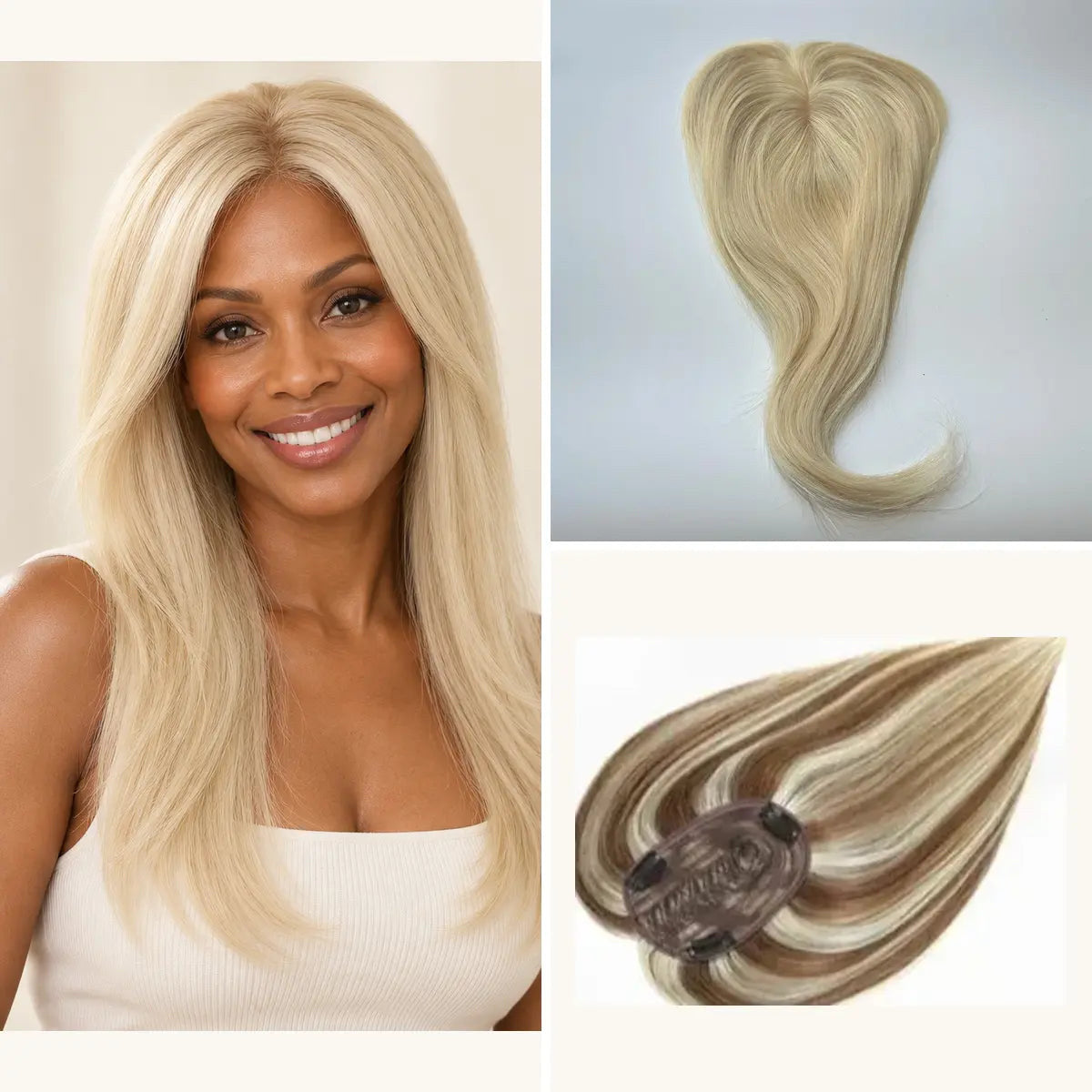 Straight human hair topper in colour code 613, 12 x 14 cm base and 18 inch length; model view with authentic topper and three-clip underside