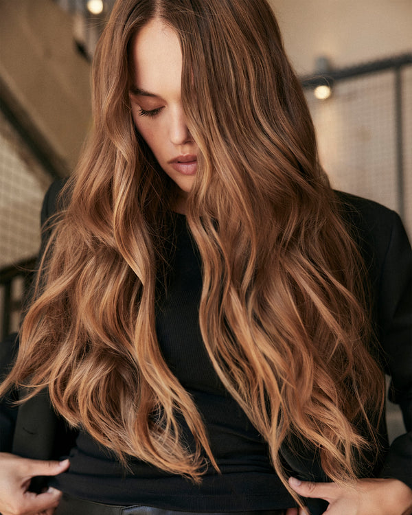 Woman wearing Silkara hair extensions